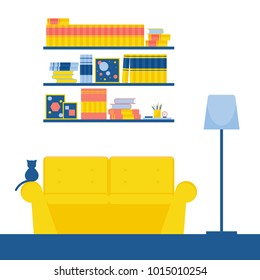 Room interior. Abstract couch and cat for design card, party invitation, furniture shop poster, banner, placard, interior brochures, modern t shirt, workshop flyer, bag print etc