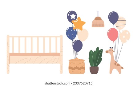 Room Interior Adorned With Soft Pastel Colors, Balloons, Toys, Cute And Whimsical Decorations, Vector Illustration
