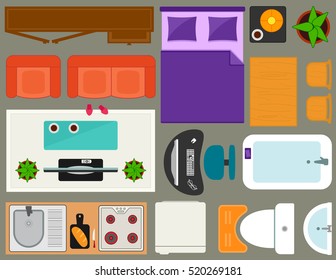 room interior apartment furniture set overhead top view. set of isolated furnishing object for apartment room interior in home