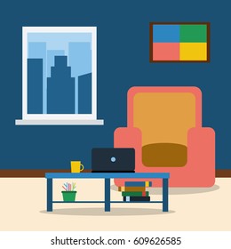 Room interior with armchair,picture, laptop and coffee table. Cozy evening room. Flat style vector illustration