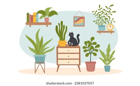 Room interior background with houseplants. Living room with furniture, greenery and cat. Vector flat illustration.