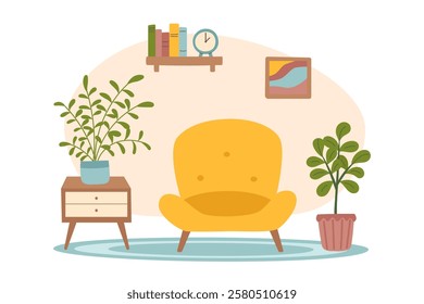 Room interior background. Living room with furniture, armchair, houseplants, bookshelf and bedside table. Vector flat illustration.