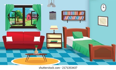 Room interior. Bedroom, Cartoon living room, kids bedroom with furniture. Teenage room with bed, Kid or child room with toys and pictures.