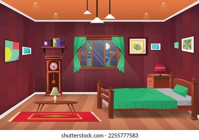 Room interior, bedroom, cartoon living room, kids bedroom with furniture. Teenage room with bed.