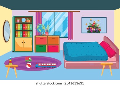 Room interior. Bedroom, Cartoon living room, kids bedroom with furniture. Teenage room with bed, Kid or child room with toys and pictures.