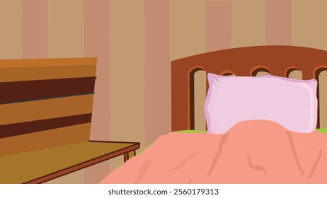 Room interior. The bedroom is a cartoon living room with furniture. Teenage room with a bed,