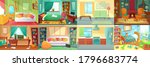 Room interior. Bedroom, living room, kitchen, kids bedroom with furniture. Teenage room with bed, table and computer. Kid or child room with toys and pictures. Fireplace with cozy chairs vector.
