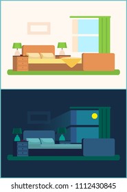 Room interior bedroom set at night and day, double bed with blankets, pillows on it, lamps on wooden chest of drawers collection vector illustration