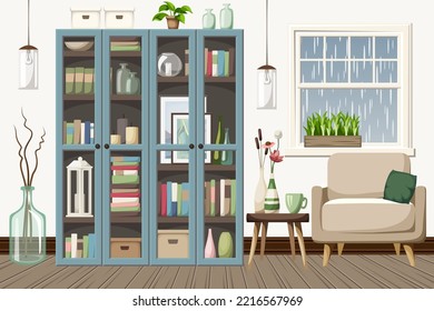 Interior de habitación con biblioteca azul, sillón y lluvia afuera de la ventana. Diseño interior escandinavo. Ilustración vectorial de dibujos animados