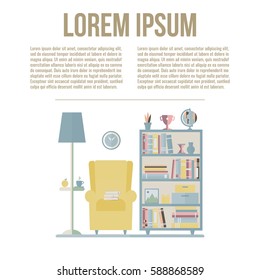 Room interior with bookcase, armchair, lamp, picture, bookshelf, clock. Living room in flat style design. Vector illustration with place for your text. 