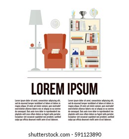 Room interior with bookcase, armchair, lamp, picture, bookshelf, clock. Living room in flat style design. Vector illustration with place for your text. 