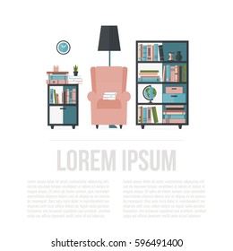 Room interior with bookcase, armchair, lamp, picture, bookshelf, clock. Living room in flat style design. Vector illustration with place for your text. 