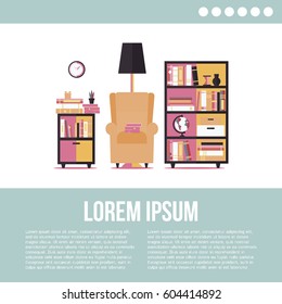 Room interior with bookcase, armchair, lamp, picture, bookshelf, clock. Living room in flat style design. Vector illustration with place for your text. 
