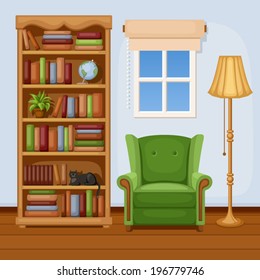 Room interior with bookcase and armchair. Vector illustration.