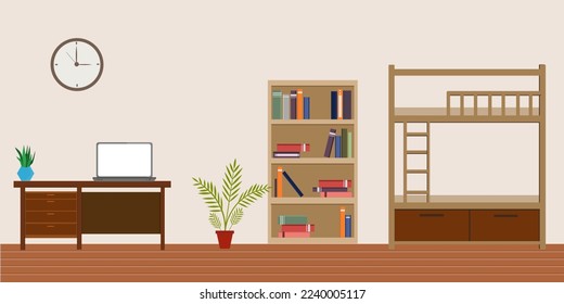 room interior with bookshelf with bunk bed window and chest of drawers and with computer for workspace