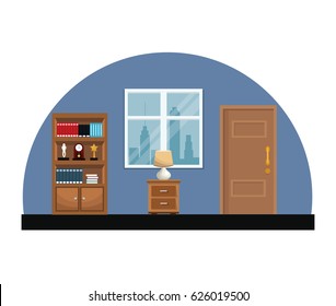 room interior bookshelf encyclopedia clock trophy window and door
