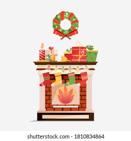 Room interior with brick fireplace, socks, christmas presents and gifts, traditional wreath. Vector illustration in flat style