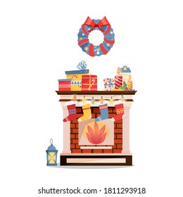 Room interior with brick fireplace, socks, christmas presents and gifts, traditional wreath, lantern. Vector illustration in flat style