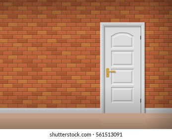 room interior with brick wall and white door
