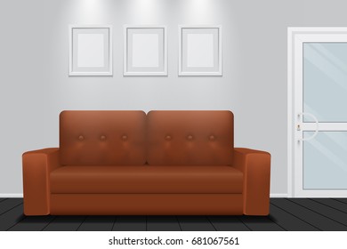 Room interior with brown sofa, vector design