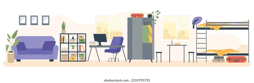 Room interior with bunk bed, workplace with computer, sofa and rack flat style, vector illustration isolated on white background. Hostel or student dormitory living room, design element, furniture