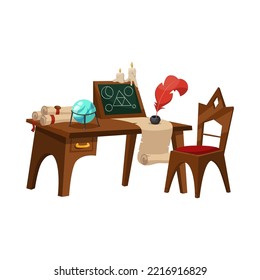 Room interior with candles vector illustration. Cute desk with feather and old papyrus paper scroll for wizard school. Magic, fairy tale, Halloween concept