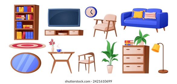 Interior de la habitación. Mesas de dibujos animados, sofá y estantería de madera, elementos aislados en el diseño de la casa, silla, sofá y sillón, luz en el salón, mobiliario moderno, marco fotográfico. Ilustración garista vectorial