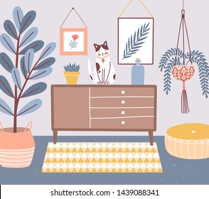 Room interior with cat sitting on chest of drawers or cupboard, houseplants in pots, ottoman, wall pictures. Apartment with furniture and home decorations in hygge style. Flat vector illustration.