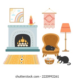 room interior with cats sleeping on armchaire and playing knitting ball, fierplace and carpet, wall pictures and floor lamp, apartment with furniture and home decorations in hygge style