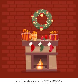 Room interior with Christmas fireplace with socks, decorations, gift boxes, candeles, socks and wreath on background of a dark red brick wall. Cute flat cartoon style vector illustration.