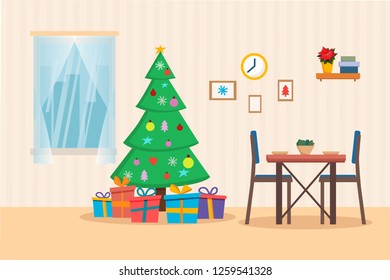 Room interior with Christmas tree, presents, window and dinner table. Flat cartoon style vector illustration.