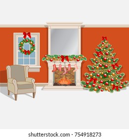 Room interior with classic fireplace, chair and christmas tree. Warmth and cozy holidays decoration. Vectro illustration in cartoon style.