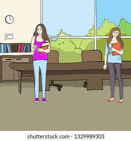 Room interior, classroom, study and meeting room, school class, bookshelf, large window, and two young female students, vector color image