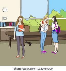 Room interior, classroom, study and meeting room, school class, bookshelf, large window, female students, class just finished, color vector image