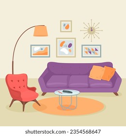 Room interior with colorful sofa and chair vector illustration. Cartoon drawing of purple leather couch with cushions, red armchair, glass coffee table. Interior design, furniture, decoration concept