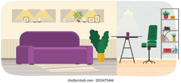 Room interior with colorful sofa, plants, table and chair for relaxing and podcasting. Room for interviewing interior design with furniture and decorations. Arrangement of furniture in studio