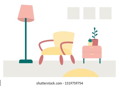 Room interior with a comfortable chair, floor lamp, rug, nightstand with houseplants on it. Vector illustration of cozy room.