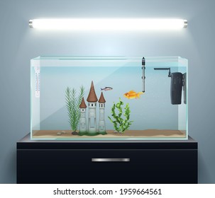 Room interior composition with realistic aquarium on chest of drawers and wall lamp vector illustration