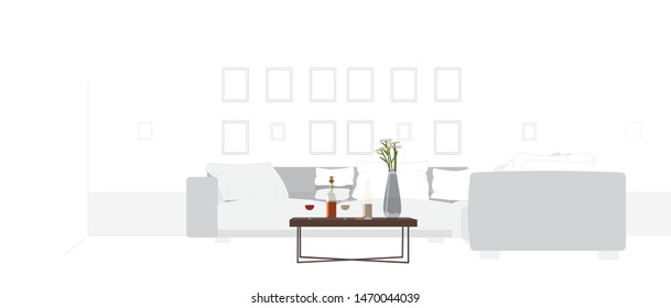 room interior with corner sofa and wine table stock vector illustration