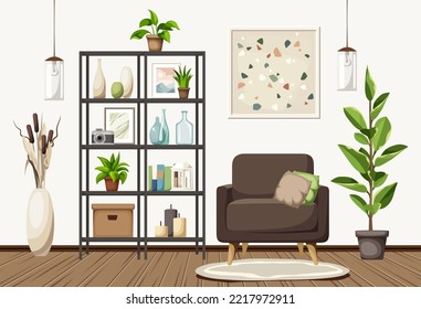 Decoración interior de las habitaciones con sillón, estanterías, un gran árbol de ficus y una estampada de terrazo en la pared. Ilustración vectorial de dibujos animados