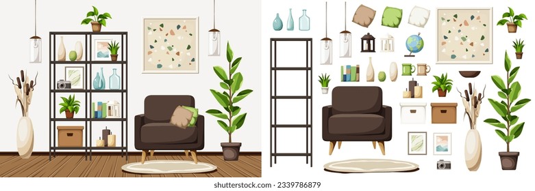 Room interior design with an armchair, a shelving, a big ficus tree, and a terrazzo print on the wall. Furniture set. Interior constructor. Cartoon vector illustration