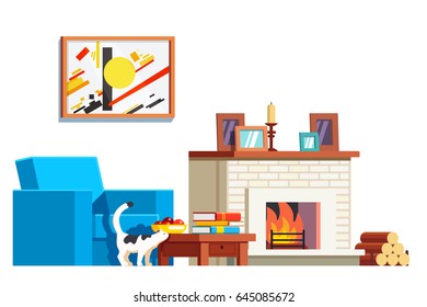 Room interior design with big armchair, fireplace and painting. Fireside burning firewood. Living room furniture. Cat standing next to coffee table. Flat style vector illustration isolated on white.