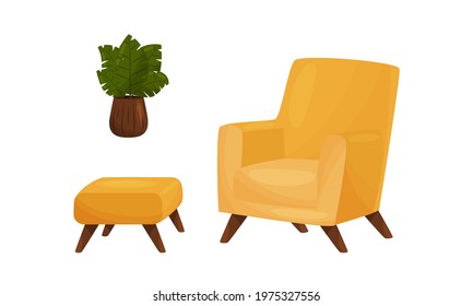 Room Interior Design Elements with Armchair and Houseplant Vector Set