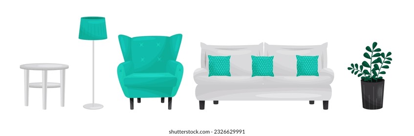 Room Interior Design Elements with Chair, Lamp, Armchair, Sofa and Houseplant Vector Set