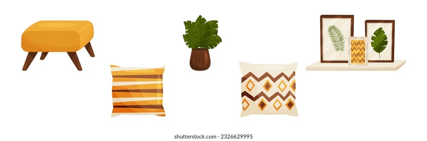 Room Interior Design Elements with Pillow, Houseplant, Shelf with Frame Vector Set