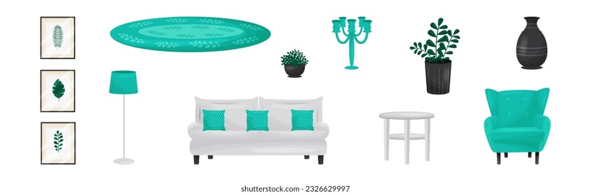 Room Interior Design Elements with Sofa, Armchair, Vase and Houseplant Vector Set