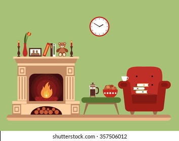 Room interior design with fireplace, chair books, table, clock in evening  tea time. Flat style vector illustration