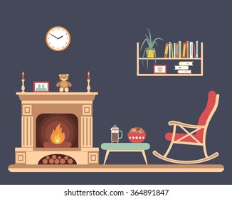 Room interior design with fireplace, rocking chair bookshelf, table, clock in evening time. Flat style vector illustration