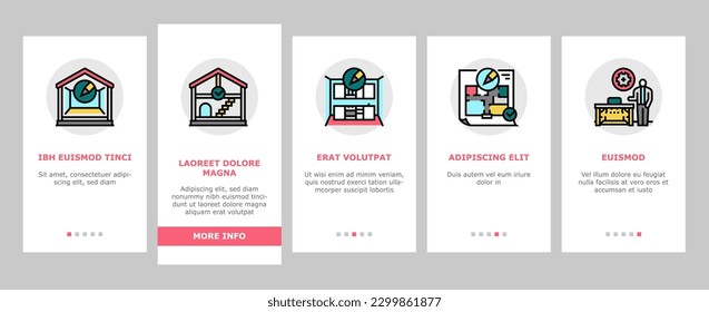 room interior design home modern onboarding mobile vector. furniture apartment, house sofa, wall decor, table lamp, style couch, luxury window room interior design home modern color line illustrations