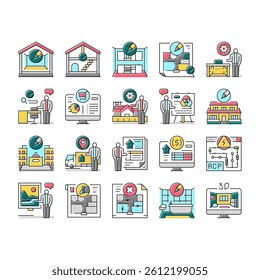 room interior design home modern icons set vector. furniture apartment, house sofa, wall decor, table lamp, style couch, luxury window room interior design home modern color line illustrations